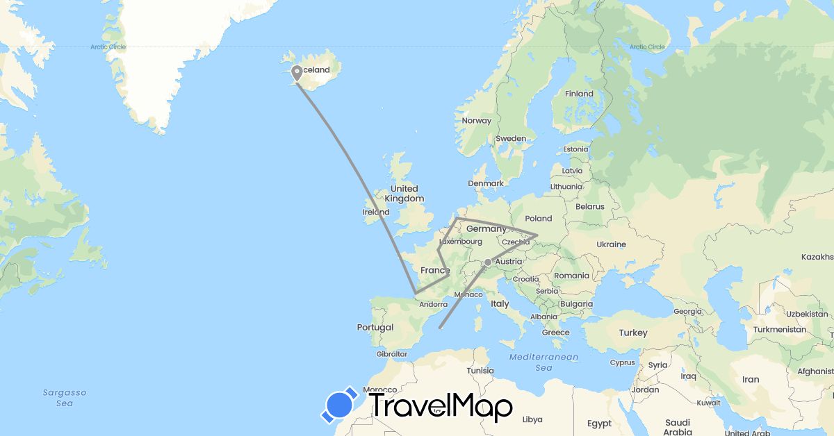 TravelMap itinerary: driving, plane in Austria, Spain, France, Iceland, Netherlands, Poland (Europe)